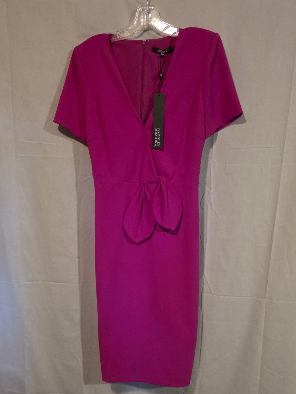 Badgley Mischka Fuchsia V-Neck Midi Dress with Front Knot